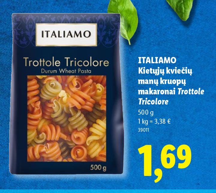 ITALIAMO Kietųjų kviečių manų kruopų makaronai Trottole Tricolore, 500 g