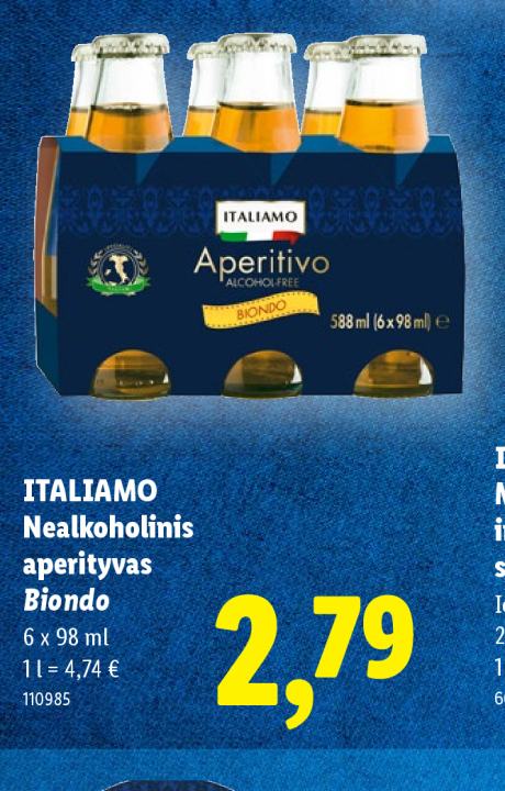ITALIAMO Nealkoholinis aperityvas Biondo, 6 x 98 ml