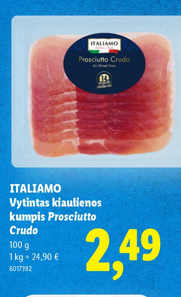 ITALIAMO Vytintas kiaulienos kumpis Prosciutto Crudo, 100 g