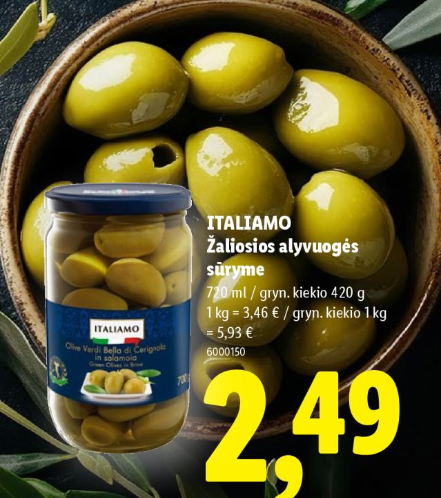 ITALIAMO Žaliosios alyvuogės sūryme, 720 ml