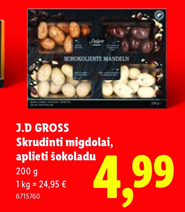 J.D GROSS Skrudinti migdolai, aplieti šokoladu, 200 g