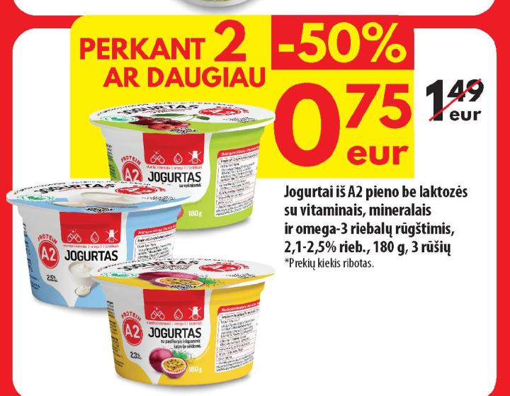 Jogurtai iš A2 pieno be laktozės, 180 g