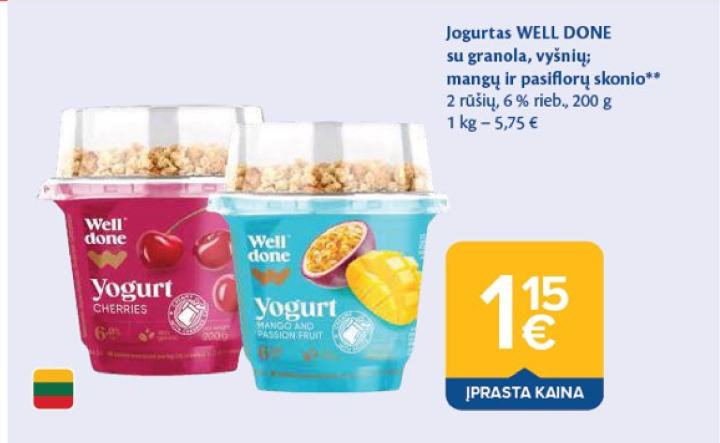 Jogurtas WELL DONE su granola, vyšnių; mangų ir pasiflorų skonio, 200 g