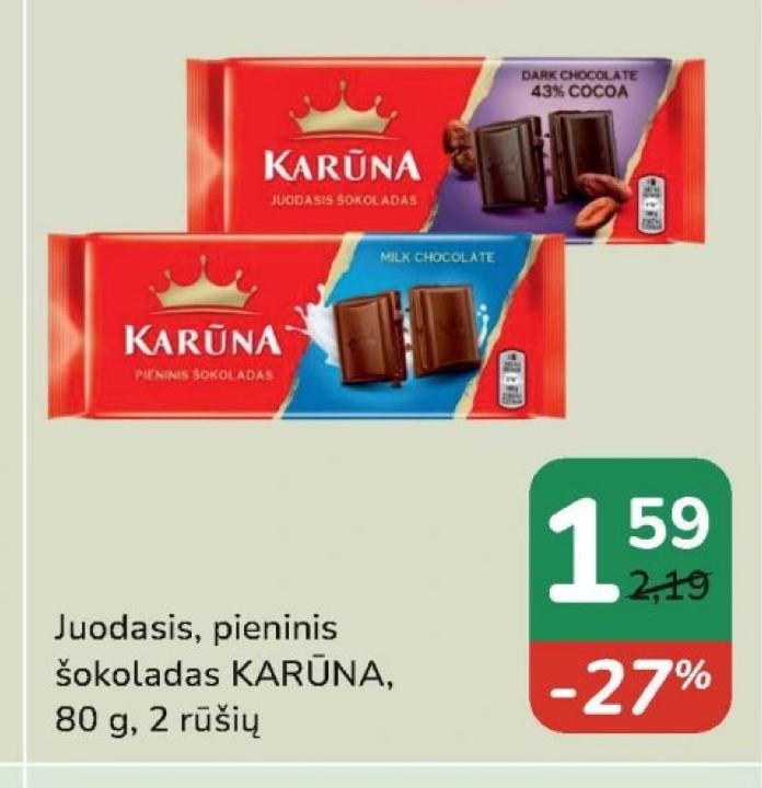 Juodasis, pieninis šokoladas KARŪNA, 80 g