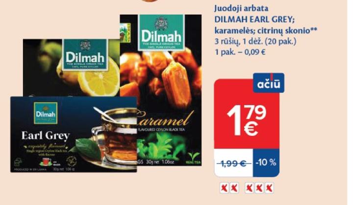 Juodoji arbata DILMAH EARL GREY; karamelės; citrinų skonio, 1 dėž.