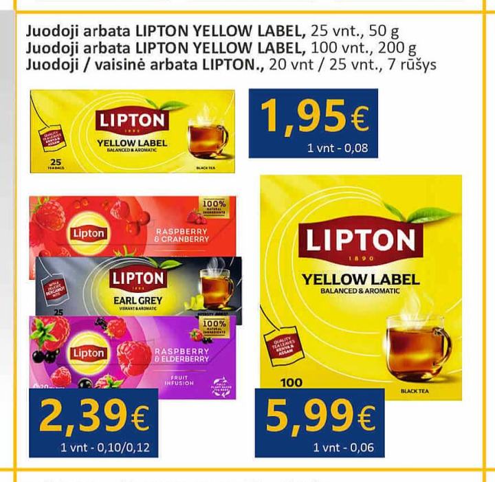 Juodoji arbata LIPTON YELLOW LABEL, 50 g / Juodoji arbata LIPTON YELLOW LABEL, 100 vnt., 200 g / Juodoji / vaisinė arbata LIPTON, 20 vnt / 25 vnt., 7 rūšys, 25 vnt
