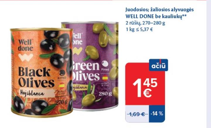 Juodosios; žaliosios alyvuogės WELL DONE be kauliukų, 280 g
