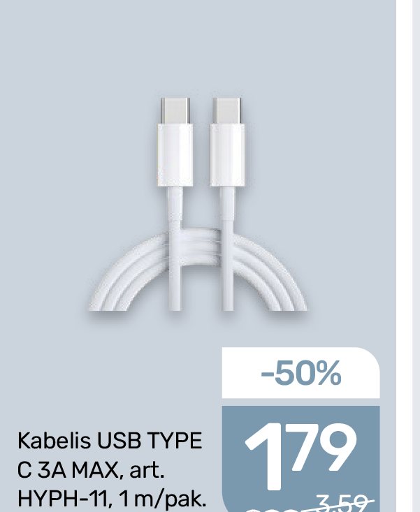 Kabelis USB TYPE C 3A MAX, 1 m