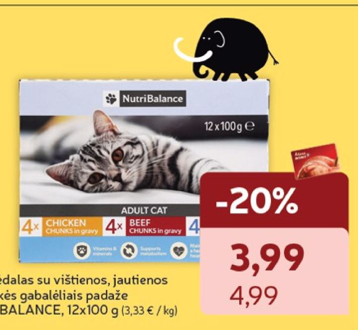 Kačių ėdalas su vištienos, jautienos ir menkės gabalėliais padaže NUTRIBALANCE, 12 x 100 g