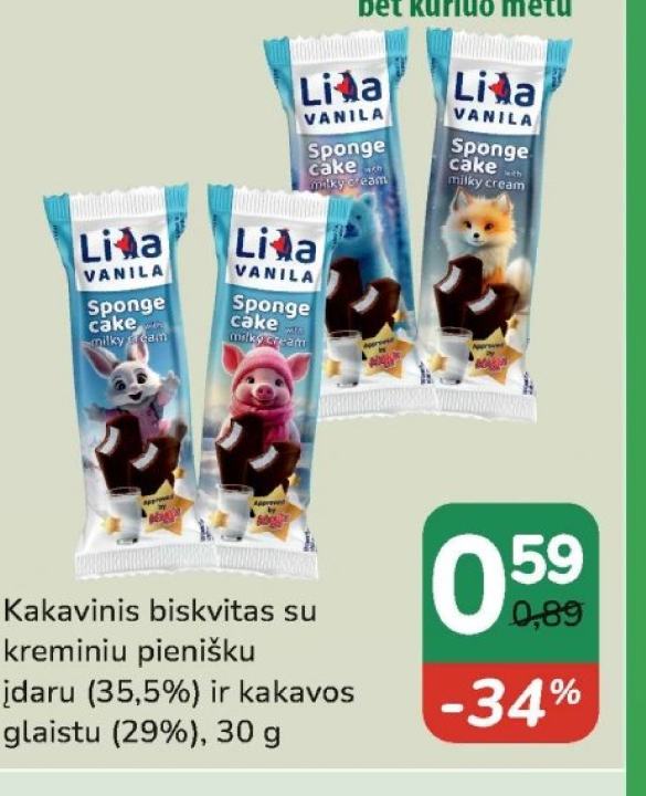 Kakavinis biskvitas su kreminiu pienišku įdaru (35,5%) ir kakavos glaistu (29%), 30 g
