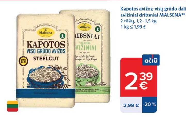 Kapo tos avižos; visų grūdo dalių avižiniai dribsniai MALSENA, 1.5 kg