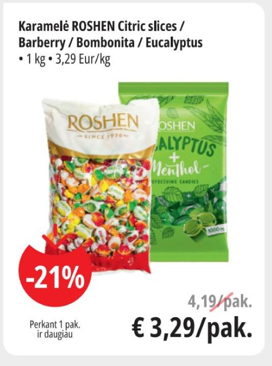 Karamelė ROSHEN Citric slices / Barberry / Bombonita / Eucalyptus, 1 kg