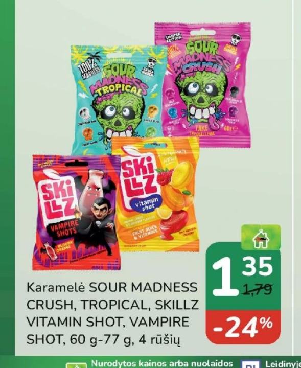 Karamelė SOUR MADNESS CRUSH, TROPICAL, SKILLZ VITAMIN SHOT, VAMPIRE SHOT, 60 g-77 g
