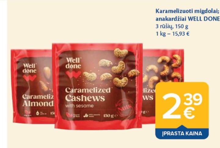 Karamelizuoti migdolai; anakardžiai WELL DONE, 150 g