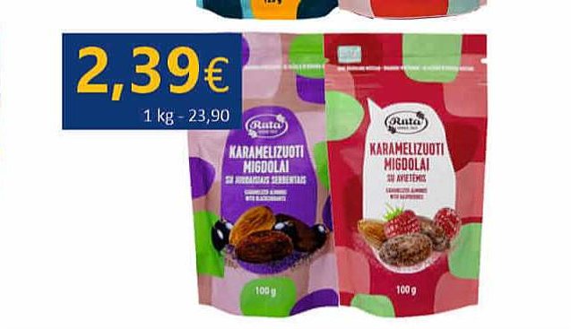 Karamelizuoti migdolai su juodaisiais serbentais / avietėmis, 100 g