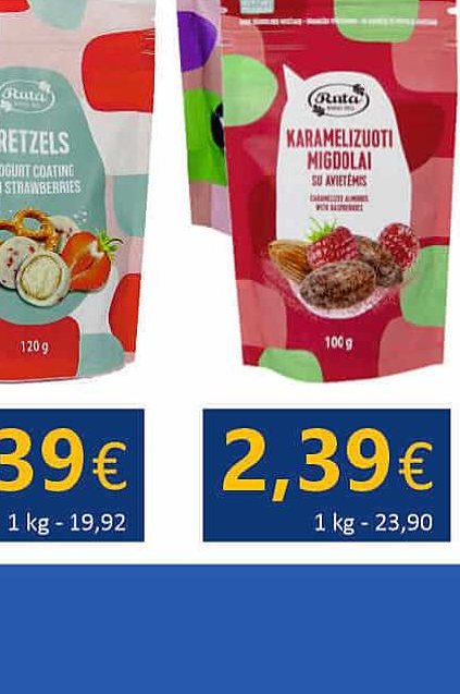 Karamelizuoti migdolai su juodaisiais serbentais / su avietėmis, 100 g