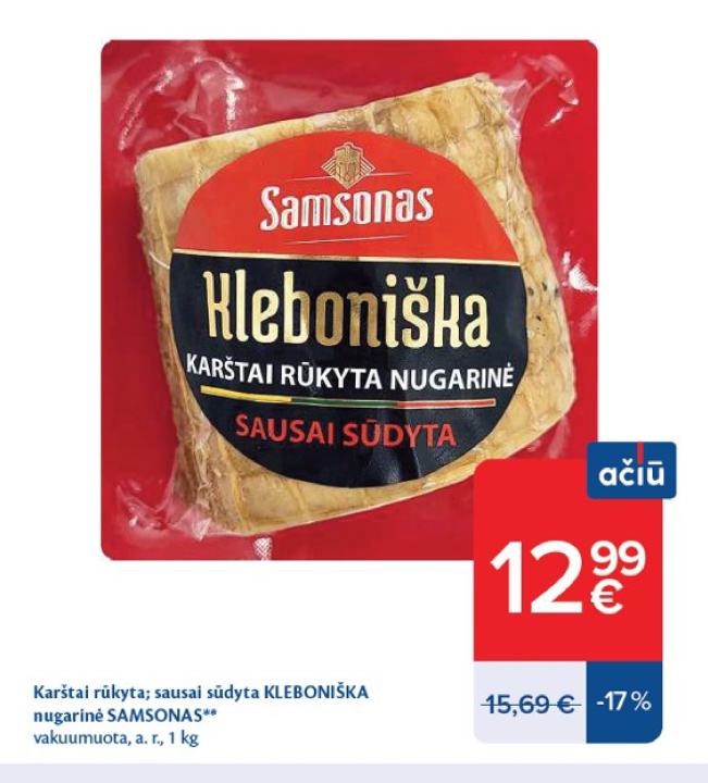 Karštai rūkyta; sausai sūdyta KLEBONIŠKA nugarinė SAMSONAS, 1 kg