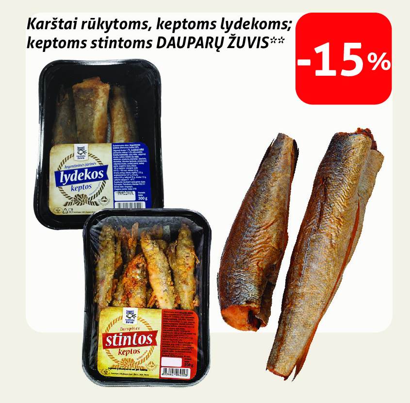 Karštai rūkytoms, keptoms lydekoms; keptoms stintoms DAUPARŲ ŽUVIS