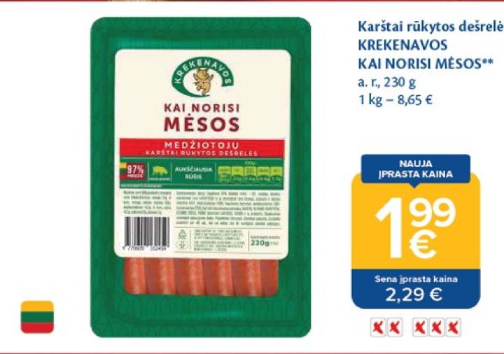 Karštai rūkytos dešrelės KREKENAVOS KAI NORISI MĖSOS, 230 g
