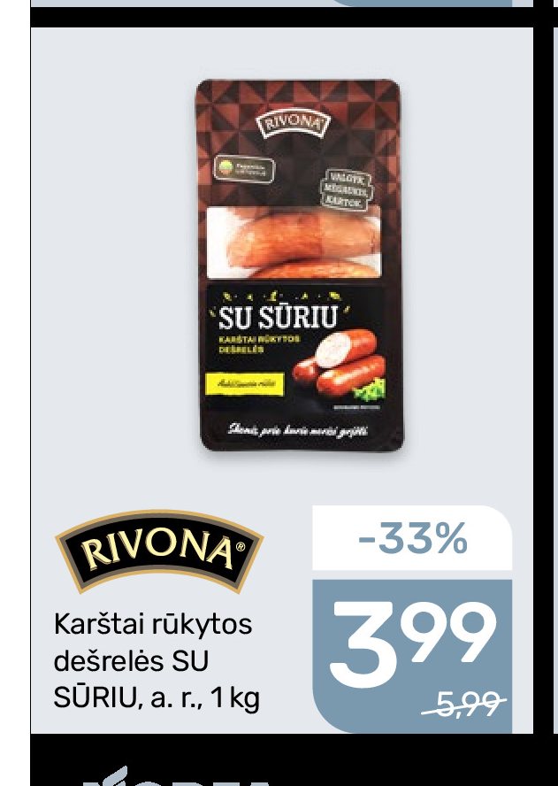 Karštai rūkytos dešrelės SU SŪRIU RIVONA, 1 kg