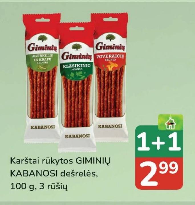 Karštai rūkytos GIMINIŲ KABANOSI dešrelės, 100 g