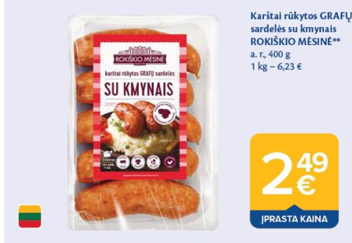 Karštai rūkytos GRAFŲ sardelės su kmynais ROKIŠKIO MĖSINĖ, 400 g