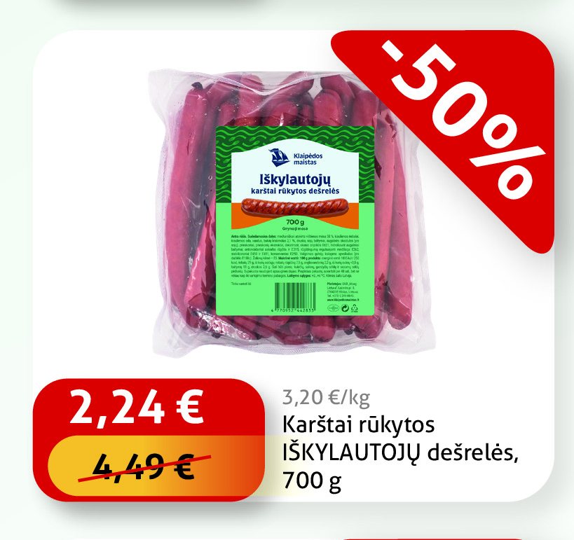 Karštai rūkytos IŠKYLAUTOJŲ dešrelės, 700 g
