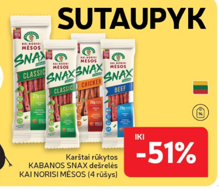 Karštai rūkytos KABANOS SNAX dešrelės KAI NORISI MĖSOS