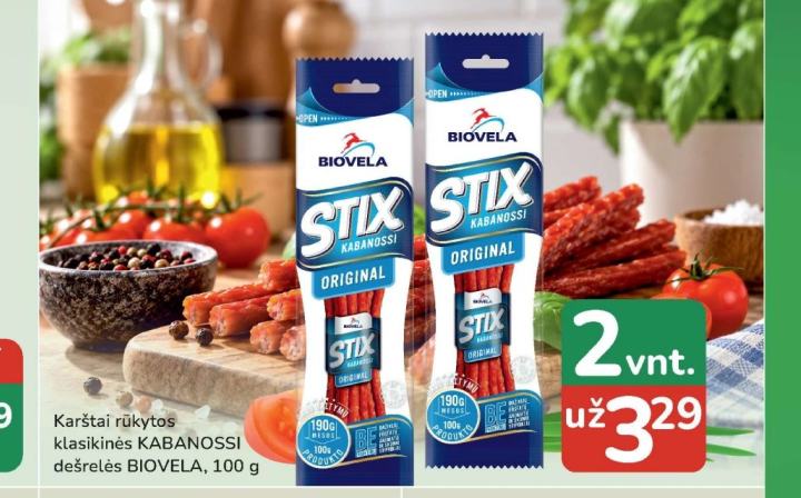 Karštai rūkytos klasikinės KABANOSSI dešrelės BIOVELA, 100 g