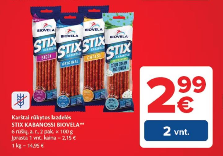 Karštai rūkytos lazdelės STIX KABANOSSI BIOVELA, 2 pak.