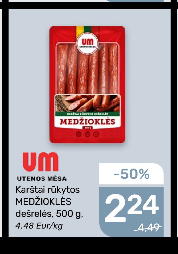 Karštai rūkytos MEDŽIOKLĖS dešrelės UTENOS MĖSA, 500 g
