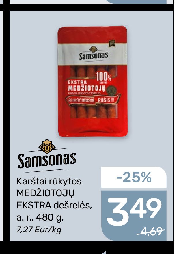 Karštai rūkytos MEDŽIOTOJŲ EKSTRA dešrelės Samsonas, 480 g