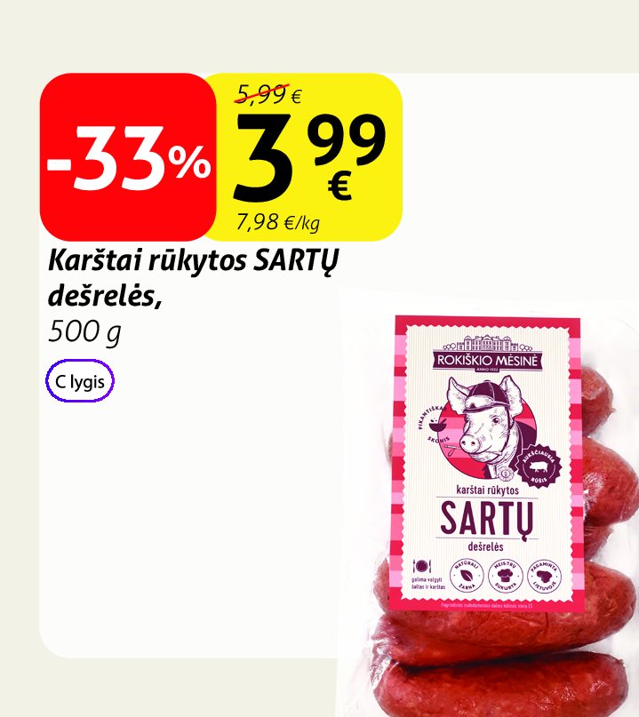 Karštai rūkytos SARTŲ dešrelės, 500 g