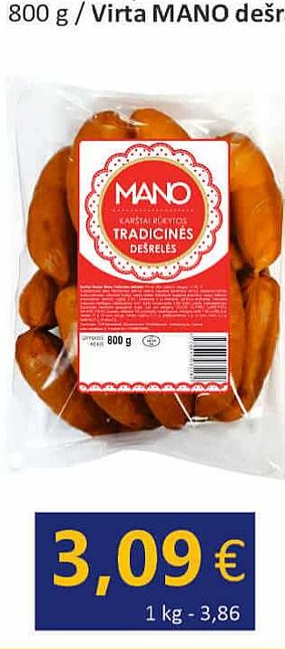 Karštai rūkytos storos MANO TRADICINĖS dešrelės, 800 g