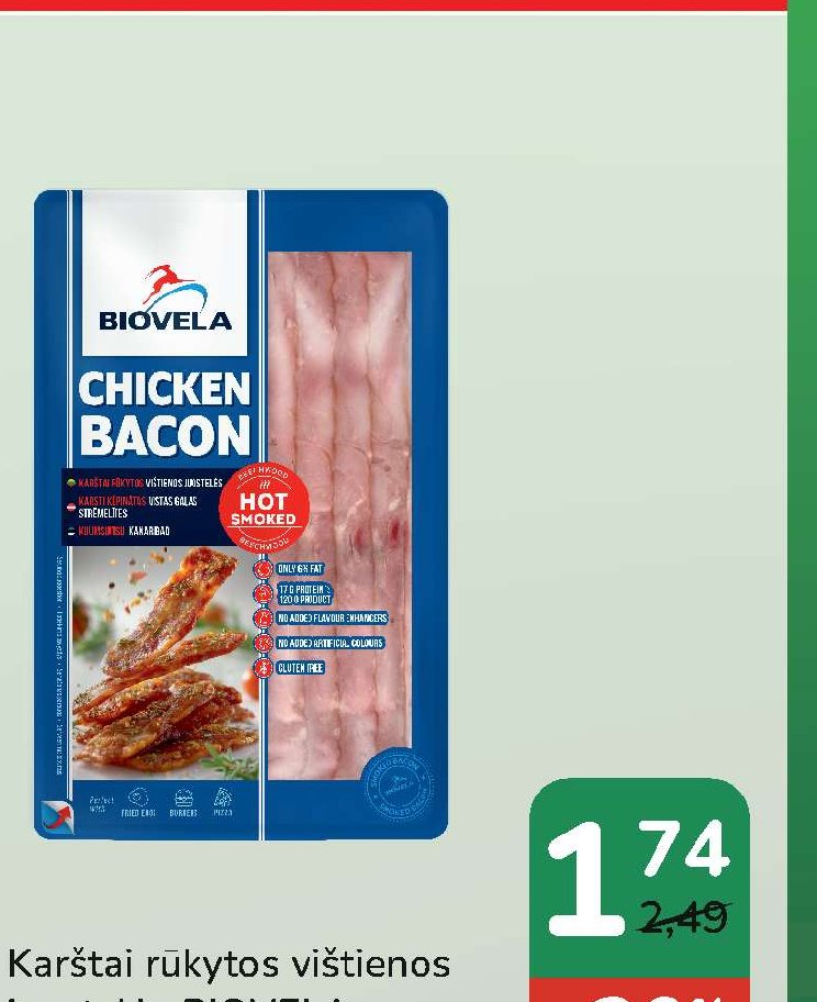 Karštai rūkytos vištienos juostelės BIOVELA CHICKEN BACON, 120 g