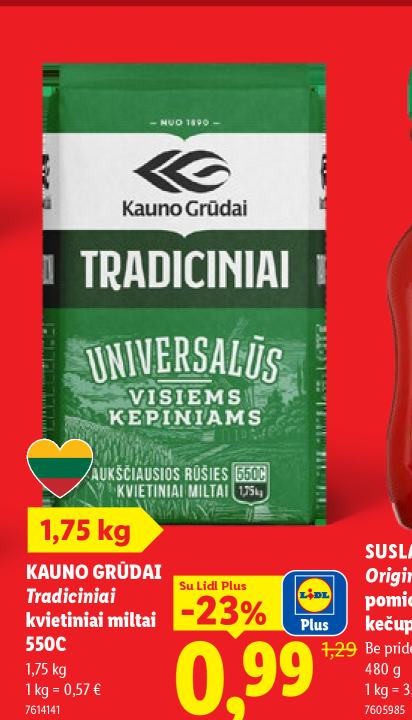 KAUNO GRŪDAI Tradiciniai kvietiniai miltai 550C, 1.75 kg