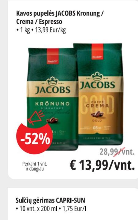 Kavos pupelės JACOBS Kronung / Crema / Espresso, 1 kg