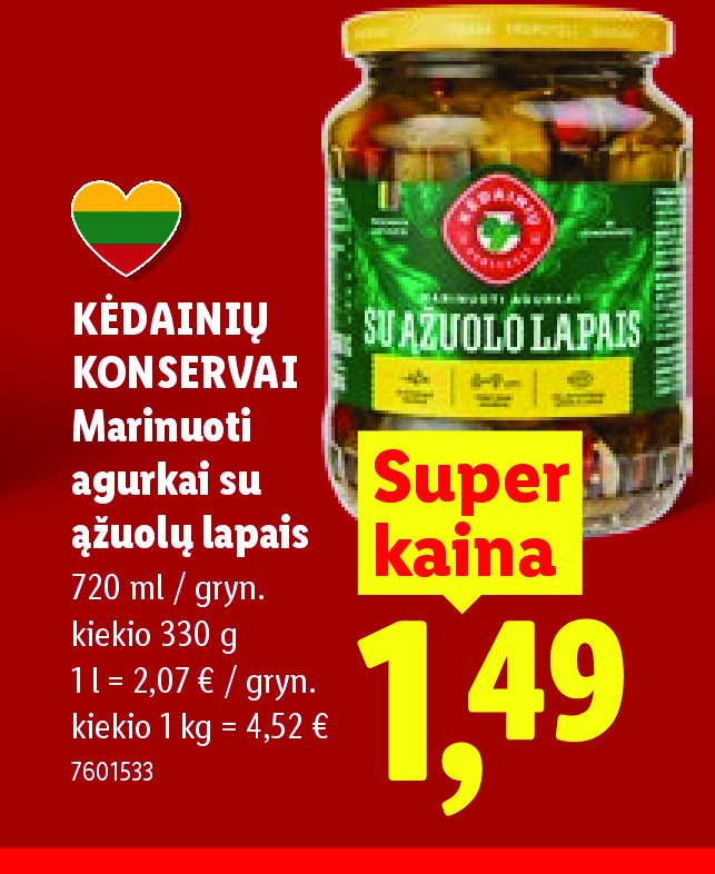 KĖDAINIŲ KONSERVAI Marinuoti agurkai su ąžuolų lapais, 720 ml