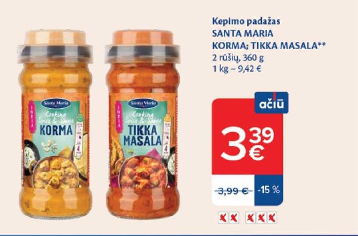 Kepimo padažas SANTA MARIA KORMA; TIKKA MASALA, 360 g