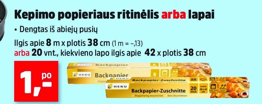 Kepimo popieriaus ritinėlis arba lapai, 8 m