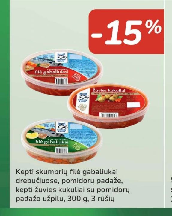 Kepti skumbrių filė gabaliukai drebučiuose, pomidorų padaže, kepti žuvies kukuliai su pomidorų padažo užpilu, 300 g
