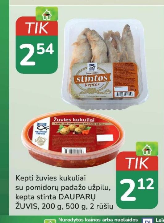 Kepti žuvies kukuliai su pomidorų padažo užpilu, kepta stinta DAUPARŲ ŽUVIS, 200 g