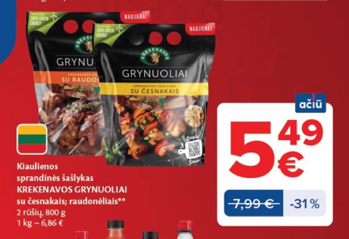 Kiaulienos sprandinės šašlykas KREKENAVOS GRYNUOLIAI su česnakais; raudonėliais, 800 g