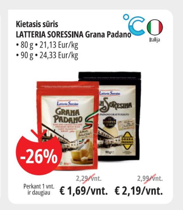 Kietasis sūris LATTERIA SORESSINA Grana Padano, 80 g