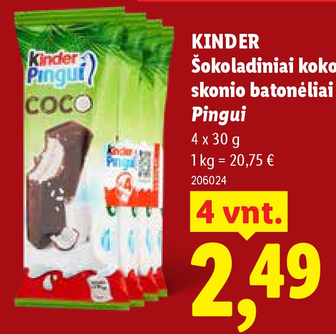 KINDER Šokoladiniai kokosų skonio batonėliai Pingui, 4 x 30 g