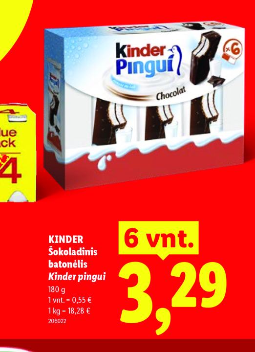 KINDER Šokoladinis batonėlis Kinder pingui, 180 g