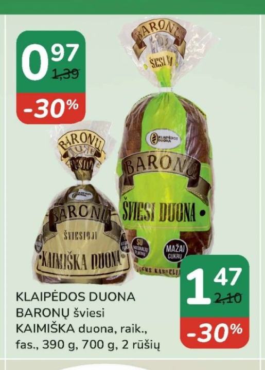 KLAIPĖDOS DUONA BARONŲ šviesi KAIMIŠKA duona, 390 g