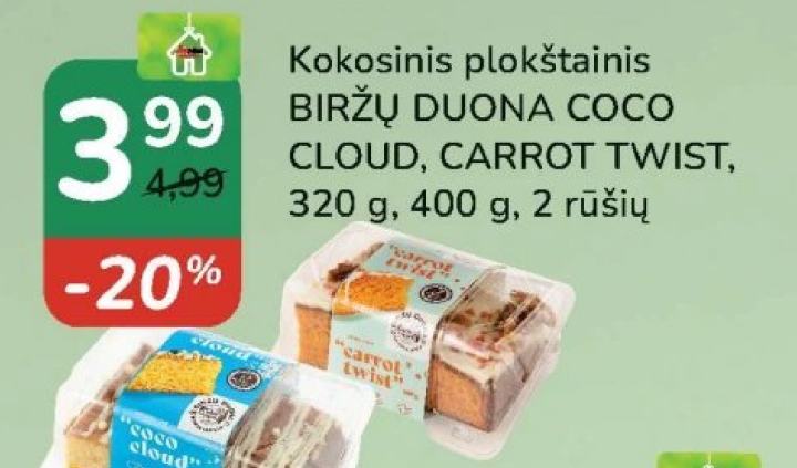 Kokosinis plokštainis BIRŽŲ DUONA COCO CLOUD, CARROT TWIST, 320 g