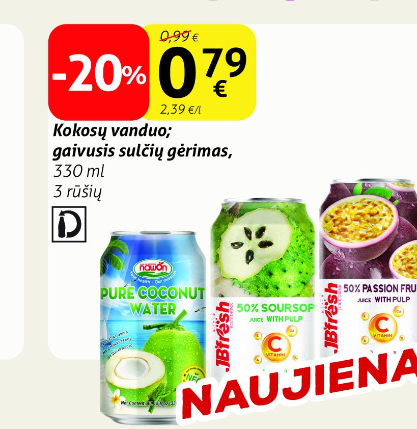 Kokosų vanduo; gaivusis sulčių gėrimas, 330 ml