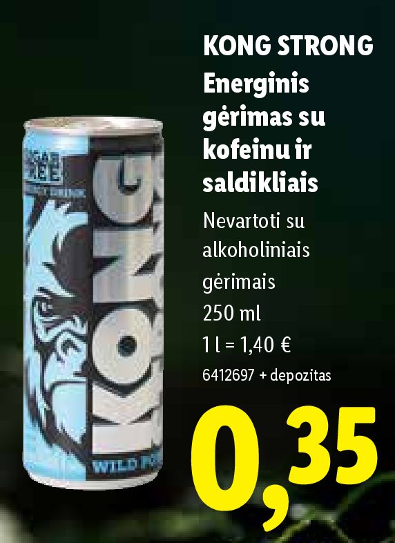 KONG STRONG Energinis gėrimas su kofeinu ir saldikliais, 250 ml